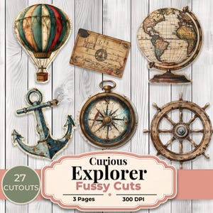 Puede incluir: Una colección de recortes de papel de estilo vintage con temática náutica. Incluye un globo aerostático, una postal antigua, un globo terráqueo, un ancla, una brújula y un timón. También está presente el texto "Curious Explorer Fussy Cuts".