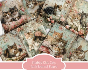Shabby Chic Cats Junk Journal Pages – afdrukbaar papier met bloemen (digitaal papier)