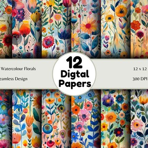 Bright Watercolor Florals - Seamless Pattern -  Digital Paper  -  Printable Journal, Scrapbook Paper, Seamless
