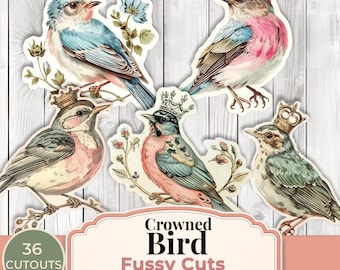 Crowned Bird Fussy Cuts, Vintage Bird Ephemera, Whimsical Royal Birds, Fantasy Junk Journal Supplies, Printable Scrapbook Embellishments