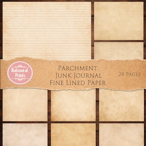 May include: A collection of parchment-style paper sheets with fine lines, ideal for junk journals. The paper has a vintage, aged appearance with a light brown color. The text on the image reads "Parchment Junk Journal Fine Lined Paper" and "24 pages".