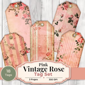 May include: A collection of pink vintage rose tags with a distressed look. The tags showcase floral and striped patterns, with roses and leaves. The image includes the text "Pink Vintage Rose Tag Set", alongside "18 Tags", "3 Pages", and "300 DPI".
