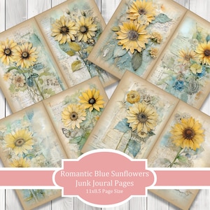Romantic Blue Sunflowers -  Journal Paper, Junk Journal Pages, Flower Junk Journal Paper, Printable Journal, Scrapbook Paper, Digital Paper