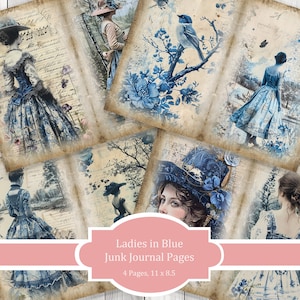 Frauen in Blau Journal Papier Set, Junk Journal Seiten, Blumen Junk Journal Papier, Printable Journal, Scrapbook Papier, Digitales Papier