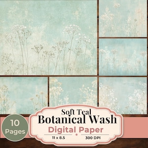 Könnte beinhalten: Weiches tealfarbenes Digitalpapier mit botanischem Waschdesign. Das Bild zeigt 10 Seiten Papier im Format 27,9 x 21,6 cm mit einem verwitterten tealfarbenen Hintergrund und zarten weißen Blumenillustrationen. Der Text auf dem Bild lautet "Soft Teal Botanical Wash Digital Paper".