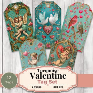 May include: A set of turquoise Valentine's Day gift tags with romantic illustrations. The tags feature cherubs, doves, hearts, and floral designs. The text "Turquoise Valentine Tag Set" is displayed on a pink label. The set includes 12 tags.