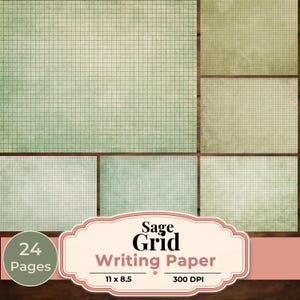 May include: Sage grid writing paper with a vintage aesthetic. The paper has a grid pattern and a sage green color. The image shows multiple sheets of paper, with the text "Sage Grid Writing Paper" and dimensions of 11 x 8.5 inches.