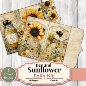 Pode incluir: Um kit de folios com tema de abelha e girassol. O design inclui ilustrações de girassóis, abelhas e um pote de mel. O texto no kit diz "Bee and Sunflower Folio Kit" e "4 Pages".