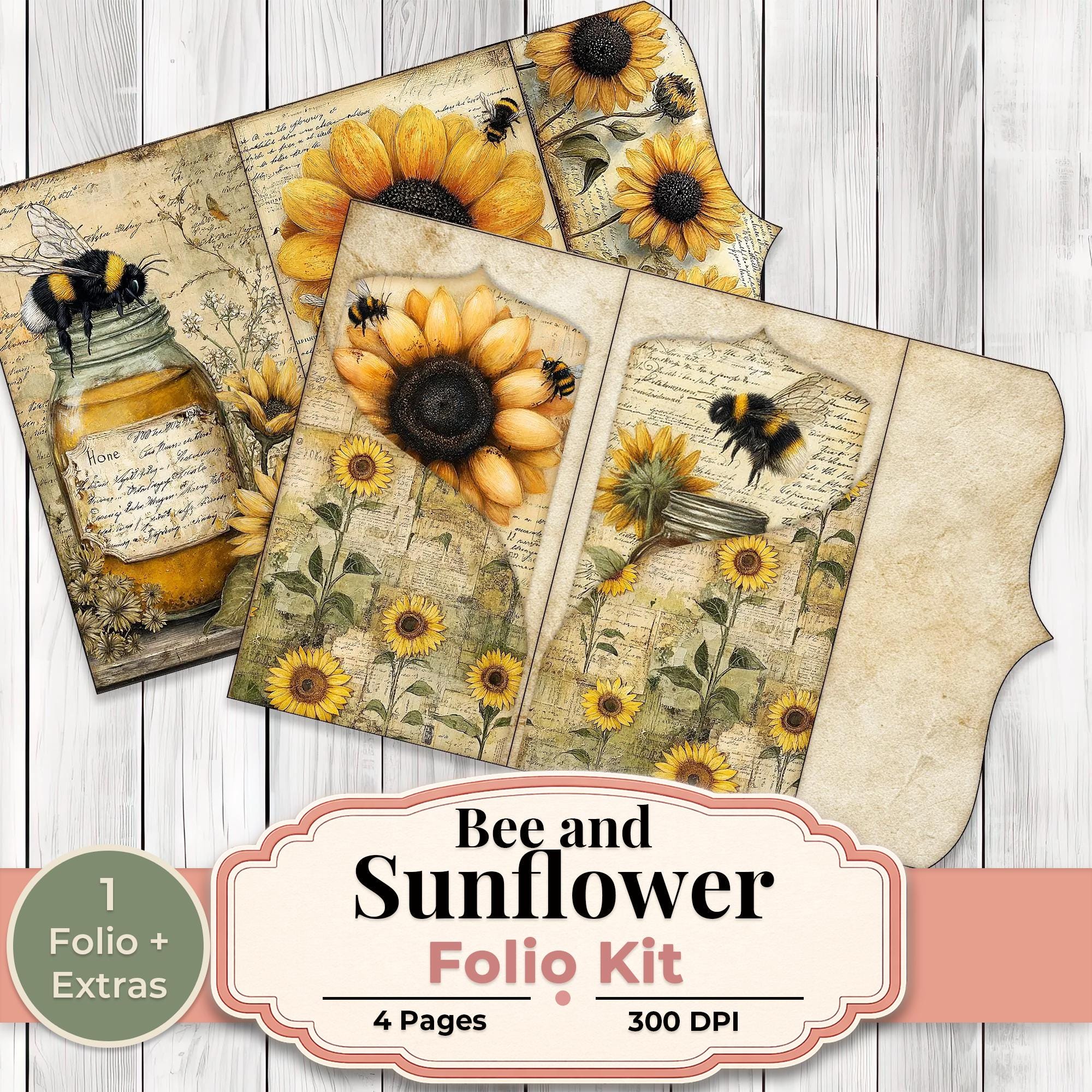 Bee and Sunflower Folio Kit, Printable Junk Journal Folio, Vintage ...