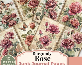 Vinröd ros skräpjournalsidor utskrivbara vintageblommor ephemera digital nedladdning 5 utskrivbara sidor 10 halvsidiga designer