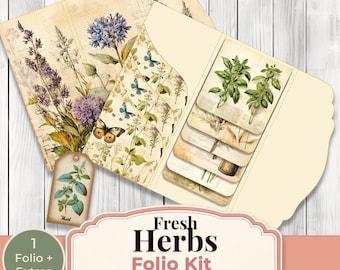 Fresh Herbs Junk Journal Folio Kit Printable Botanical Herb Ephemera Vintage Apothecary Garden Journal Pages Scrapbook Insert