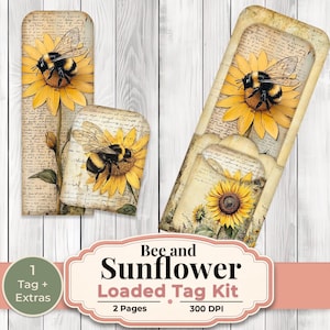 Puede incluir: Un conjunto de etiquetas de estilo vintage con ilustraciones de abejorros y girasoles. Las etiquetas tienen un aspecto envejecido y desgastado con texto tipo guion. Las palabras "Bee and Sunflower Loaded Tag Kit" se muestran en una etiqueta decorativa.