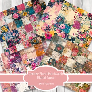 Patchwork floral sujo - conjunto de papel de diário, páginas de diário de lixo, papel de diário de lixo, diário para impressão, papel de álbum de recortes, papel digital