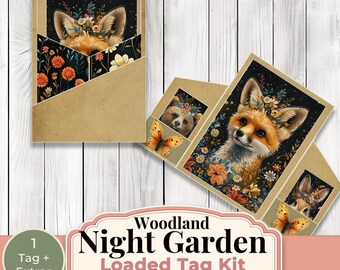 Kit d'étiquettes chargées Woodland Night Garden, étiquettes de journal indésirables renard, ensemble de pochette d'étiquettes animal vintage, éphémères floraux sombres, kit de journal imprimable