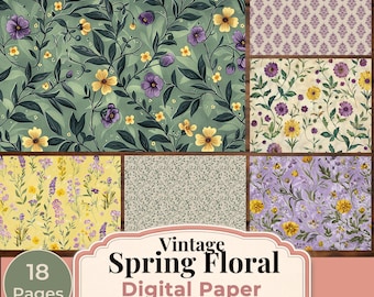 Vintage Spring Floral Digital Paper Pack, Scrapbook Paper, Junk Journal Pages, Cottagecore Backgrounds, Printable Paper, 18 Papers