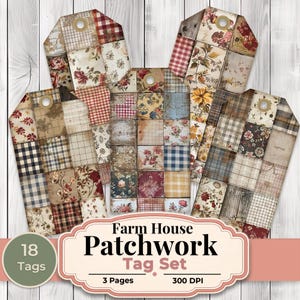 Op de afbeelding: Een set patchwork-labels in boerderijstijl met verschillende bloemen-, geruite en patroonontwerpen. De labels zijn in verschillende kleuren, waaronder rood, blauw en beige. De set bevat 18 labels, 3 pagina's en 300 DPI.