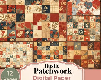 Vintage Patchwork Floral Digital Paper PNG, Rustic Quilt Scrapbook Paper, Cottage Junk Journal Backgrounds, Printable Paper Pack