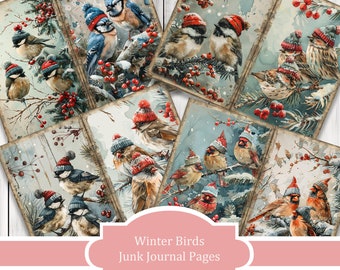 May include: Six digital printable pages featuring winter birds wearing hats and perched on branches with red berries. The pages are designed for junk journaling and measure 11x8.5 inches.