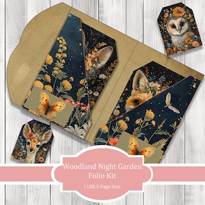 Kit Woodland Night Garden Folio - Set di carta per diario, Junk Journal Folio, diario stampabile, carta per album, animali del bosco, floreale