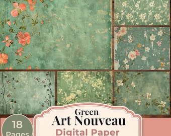 Carta digitale Art Nouveau verde PNG, sfondi botanici vintage, carta per scrapbooking floreale, pagine per junk journal, pacchetto di carta verde antica