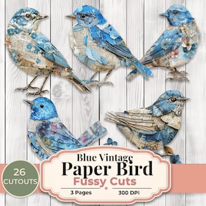 May include: Five blue paper bird cutouts with vintage newspaper and floral accents. The birds are arranged on a white wood-grain background. The image includes text that reads "Blue Vintage Paper Bird Fussy Cuts" and "26 Cutouts".