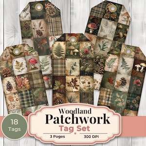 May include: A set of woodland patchwork tags with a variety of botanical and plaid patterns. The tags feature images of mushrooms, ferns, and pinecones. The set includes 18 tags.