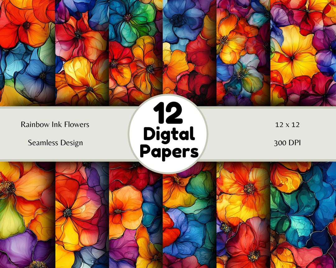Alcohol Ink Floral Digital Paper, Rainbow Flower Seamless Pattern ...