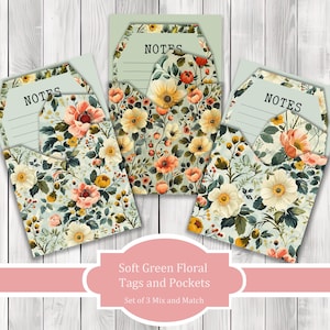 Weiches Grün Blumen Tags mit Taschen, Journal Seiten, Tasche, Ephemera, Tags, bedruckbar, Scrapbook Kit, digitaler Download