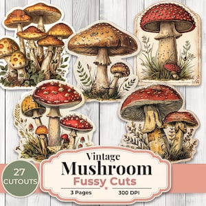 Può includere: Una collezione di ritagli di funghi vintage. Le immagini presentano varie illustrazioni di funghi nei toni del marrone, del rosso e del giallo. Il testo sull'immagine recita: "Vintage Mushroom Fussy Cuts, 27 Cutouts, 3 Pages, 300 DPI."