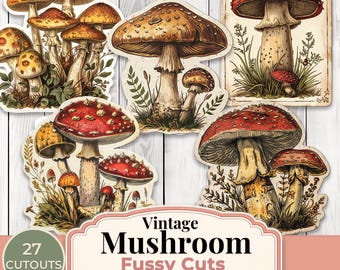 Vintage Mushroom Fussy Cuts, Woodland Mushroom Ephemera, Botanical Fungi Cutouts, Junk Journal Supplies, Printable Scrapbook Embellishments