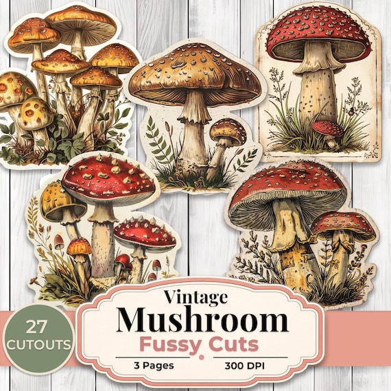 Vintage Mushroom Fussy Cuts, Woodland Mushroom Ephemera, Botanical Fungi Cutouts, Junk Journal Supplies, Printable Scrapbook Embellishments
