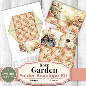 May include: A Rose Garden Folder Envelope Kit with a floral design featuring pink roses and butterflies. The kit includes an envelope and extras, with the text "Rose Garden Folder Envelope Kit" and "3 Pages 300 DPI". The envelope has a green polka dot pattern.