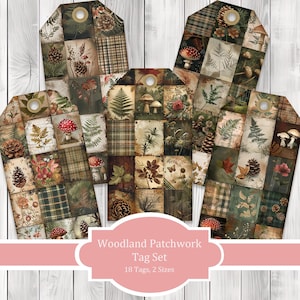 May include: A set of woodland-themed gift tags with a patchwork design. Each tag features squares with images of mushrooms, ferns, pinecones, and plaid patterns. The tags have a distressed, vintage aesthetic and a hole for stringing.