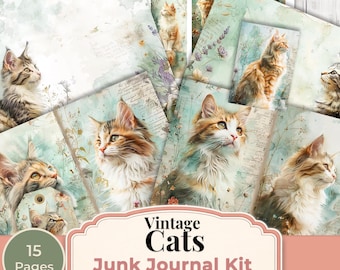 Vintage Cats Junk Journal Kit, Cat Ephemera Printable, Cottagecore Cat Journal Pages, Floral Cat Scrapbook Kit, Shabby Chic Cat Papers