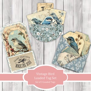 Conjunto de etiquetas vintage con diseño de pájaro - Azul - Etiquetas cargadas / Etiquetas efímeras / Manualidades de papel / Imágenes prediseñadas de diario basura / Recortes precisos