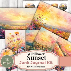 May include: A Wildflower Sunset Junk Journal Kit with 15 pages and over 35 pieces. The kit features watercolor illustrations of sunsets and fields of wildflowers in shades of yellow, pink, and orange. The kit includes tags and journal pages.