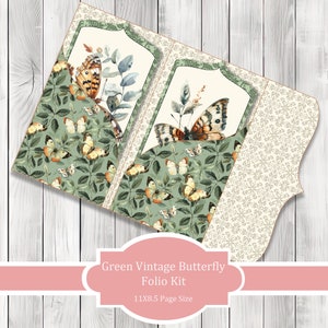 Grüner Vintage Schmetterling Folio Kit - Journal Papier Set, Junk Journal Folio, Printable Journal, Scrapbook Papier, Vintage Schmetterling