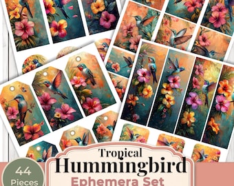 Set di elementi decorativi con colibrì tropicali - Kit per junk journal, pagine per diario, carte, elementi decorativi, etichette, stampabili, kit per scrapbooking, download digitale