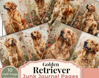 Pagine per junk journal con Golden Retriever, set di carta digitale stampabile con cani, 10 design a mezza pagina, cucciolo vintage da scaricare