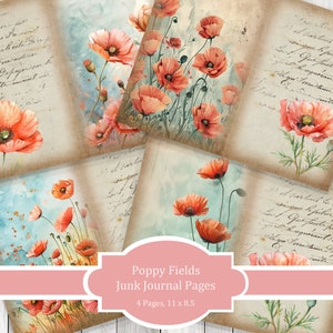 Conjunto de papel de diário de campos de papoula, páginas de diário de lixo, papel de diário de flor, diário imprimível, papel de scrapbook, papel digital