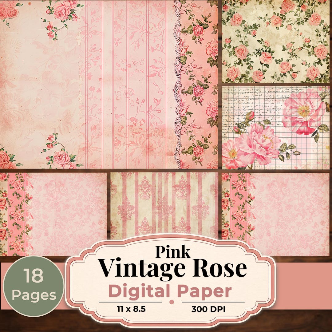 Pink Vintage Rose Digital Paper Pack, Shabby Chic Floral Scrapbook ...