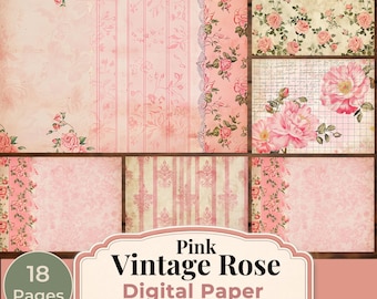 Rosa Vintage Rose Digital Paper Pack, Shabby Chic Floral Scrapbook-Papier, Romantische Junk Journal Seiten, druckbare Hintergründe