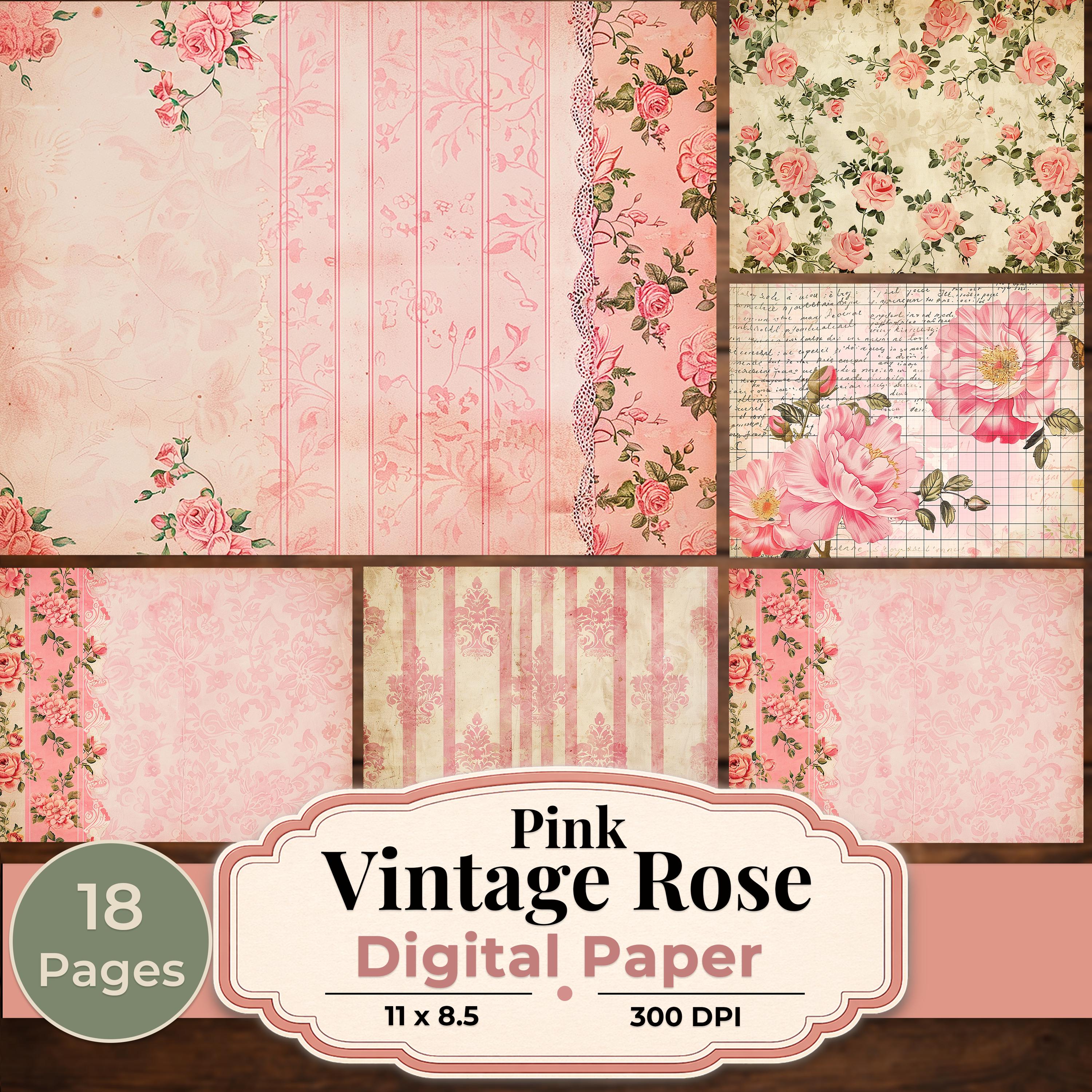 Pink Vintage Rose Digital Paper Pack, Shabby Chic Floral Scrapbook ...