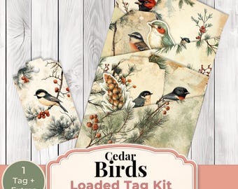 May include: A collection of decorative tags and pages featuring watercolor illustrations of birds, pinecones, and berries. The tags and pages have a vintage aesthetic with the text "Cedar Birds Loaded Tag Kit". The kit includes 1 tag and extras.