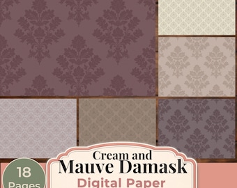 Mauve and Cream Digital Paper Pack, Neutral Damask Scrapbook Paper, Shabby Chic Printable Paper, Vintage Backgrounds 11x8.5