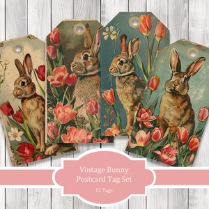 Vintage Bunny Postcard Tags  - Collage Scrapbook -  Patchwork Tags -  Ephemera Labels - Junk Journal Images Clip Art -  Fussy Cut