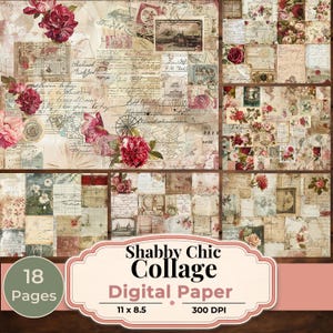 Può includere: Un set di carta digitale con un collage di elementi vintage, tra cui lettere manoscritte, mappe ed elementi floreali. Il design incorpora una tavolozza di beige, crema e bordeaux, con accenti di fiori rosa. Il testo recita "Shabby Chic Collage Digital Paper" e le dimensioni sono 27,9 x 21,6 cm.