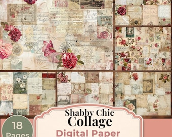 Shabby Chic Collage Digital Paper Pack (Red) , Junk Journal Pages, Vintage Ephemera Scrapbook Paper, Floral Printable Paper, 18 Papers