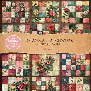 Pakiet papieru cyfrowego Botanical Patchwork, 12 papierów do patchworku w stylu vintage z motywem kwiatowym, papier do scrapbookingu w stylu shabby chic, tła do druku 11x8,5