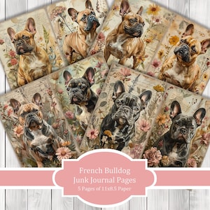 Bulldogue Francês - Conjunto de Papel para Diário, Páginas de Diário de Lixo, Cachorro, Papel para Diário, Diário para Imprimir, Papel para Scrapbook, Papel Digital